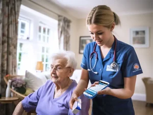 nurse checking elderly woman tables with scanning device