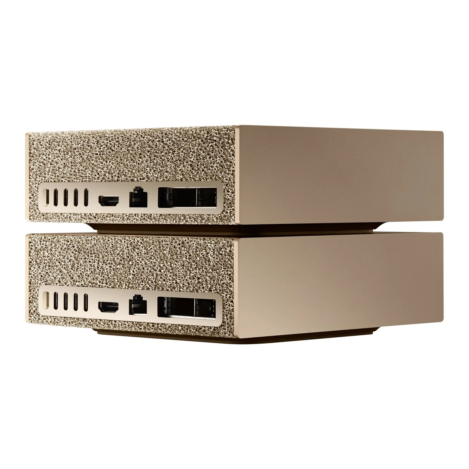 Two NVIDIA DGX Spark units stacked, rear view, as linked by one QSFP cable
