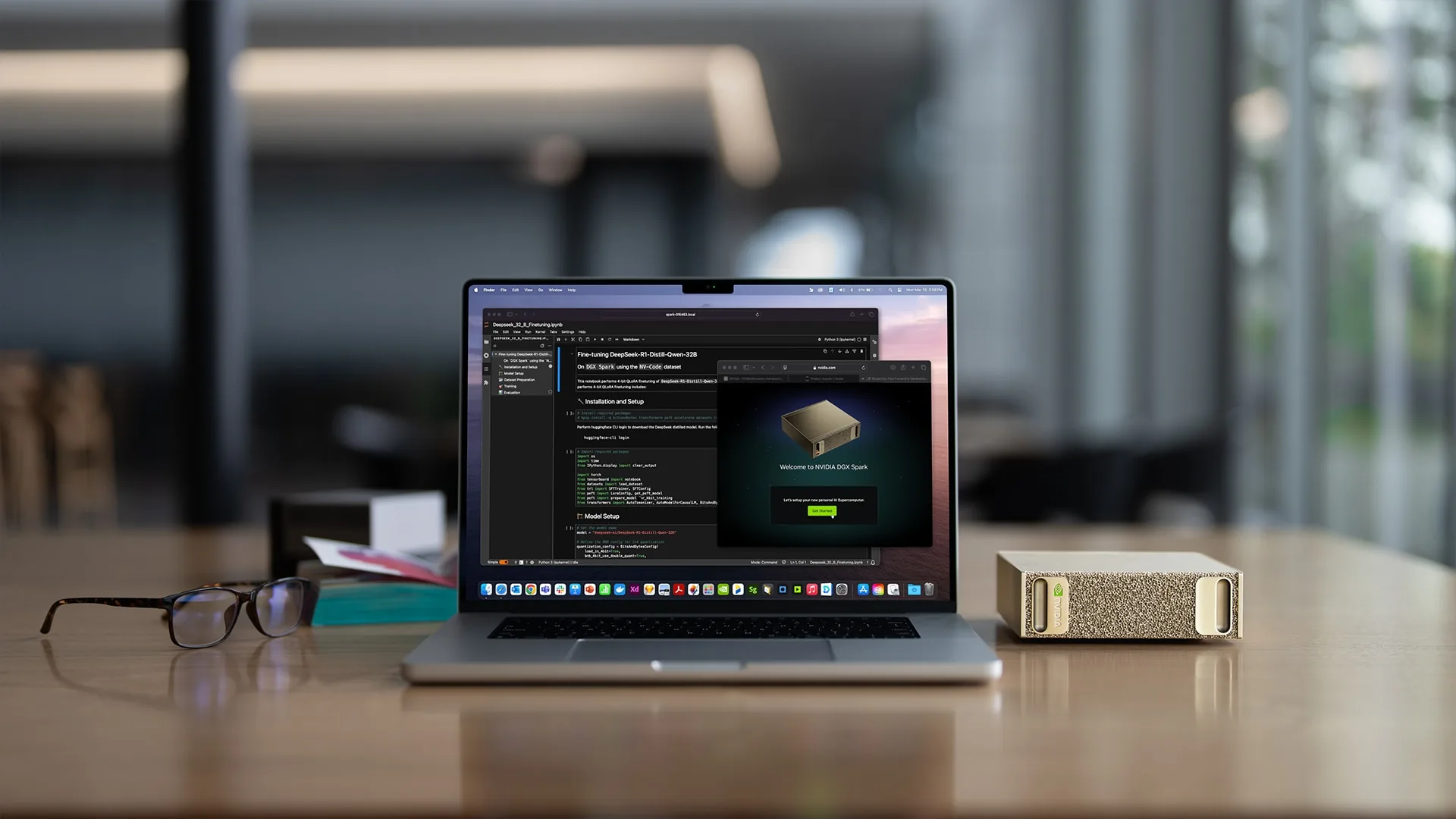 NVIDIA DGX Spark Founders Edition beside a laptop on a desk, showing its small size