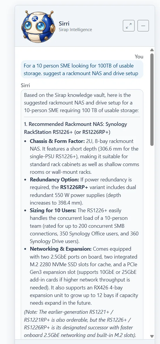Sirap's staff assistant recommending a Synology RackStation RS1226+ for 100 TB of usable storage