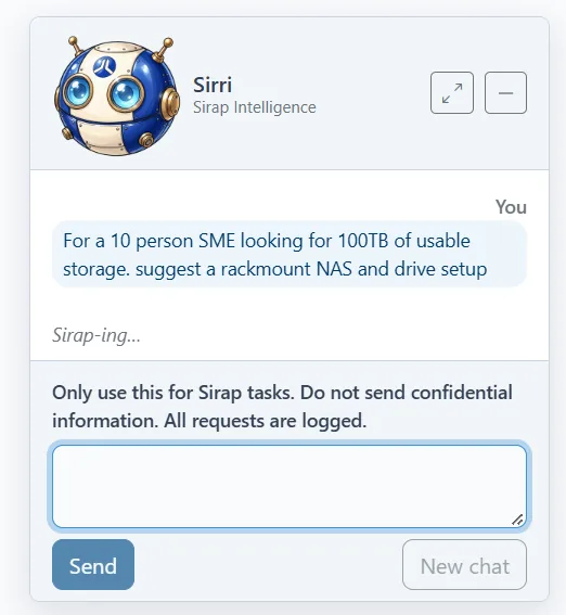Sirap's staff assistant chat window with a question about a rackmount NAS for 100 TB of usable storage, while the answer is prepared