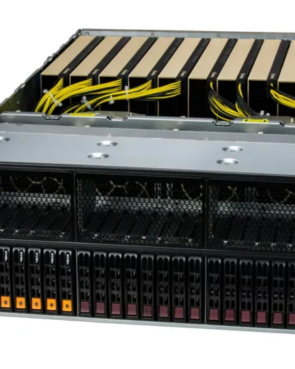 Supermicro X13 4U GPU server SYS-421GE-TNRT with ten GPUs fitted, front three-quarter view with the top cover off