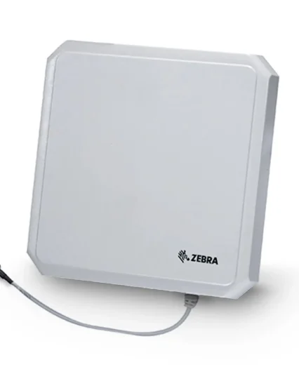 Zebra AN4xi series RFID antenna, square grey panel with Zebra logo and cable lead