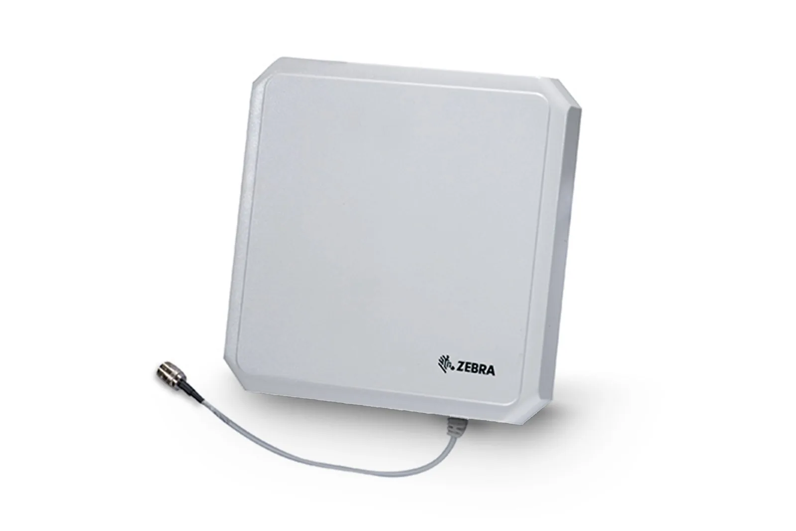 Zebra AN4xi series RFID antenna, square grey panel with Zebra logo and cable lead