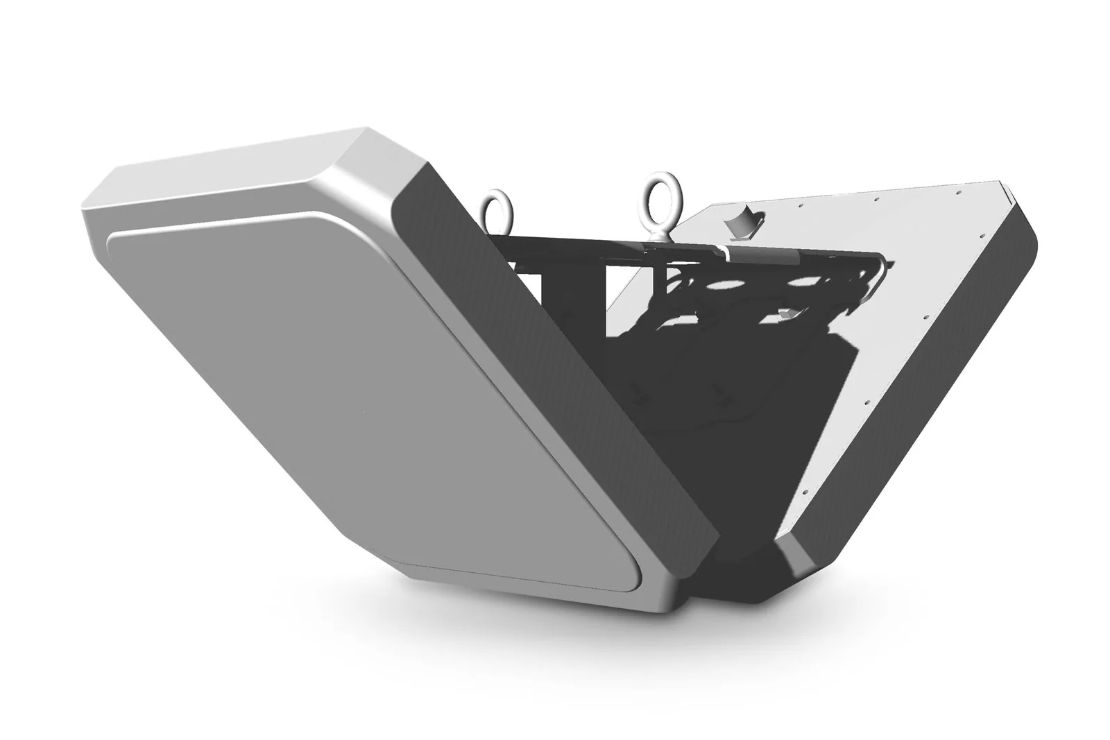 Zebra SR5502 SmartLens sensor housing with the cover swung open, showing the frame and two eyebolts