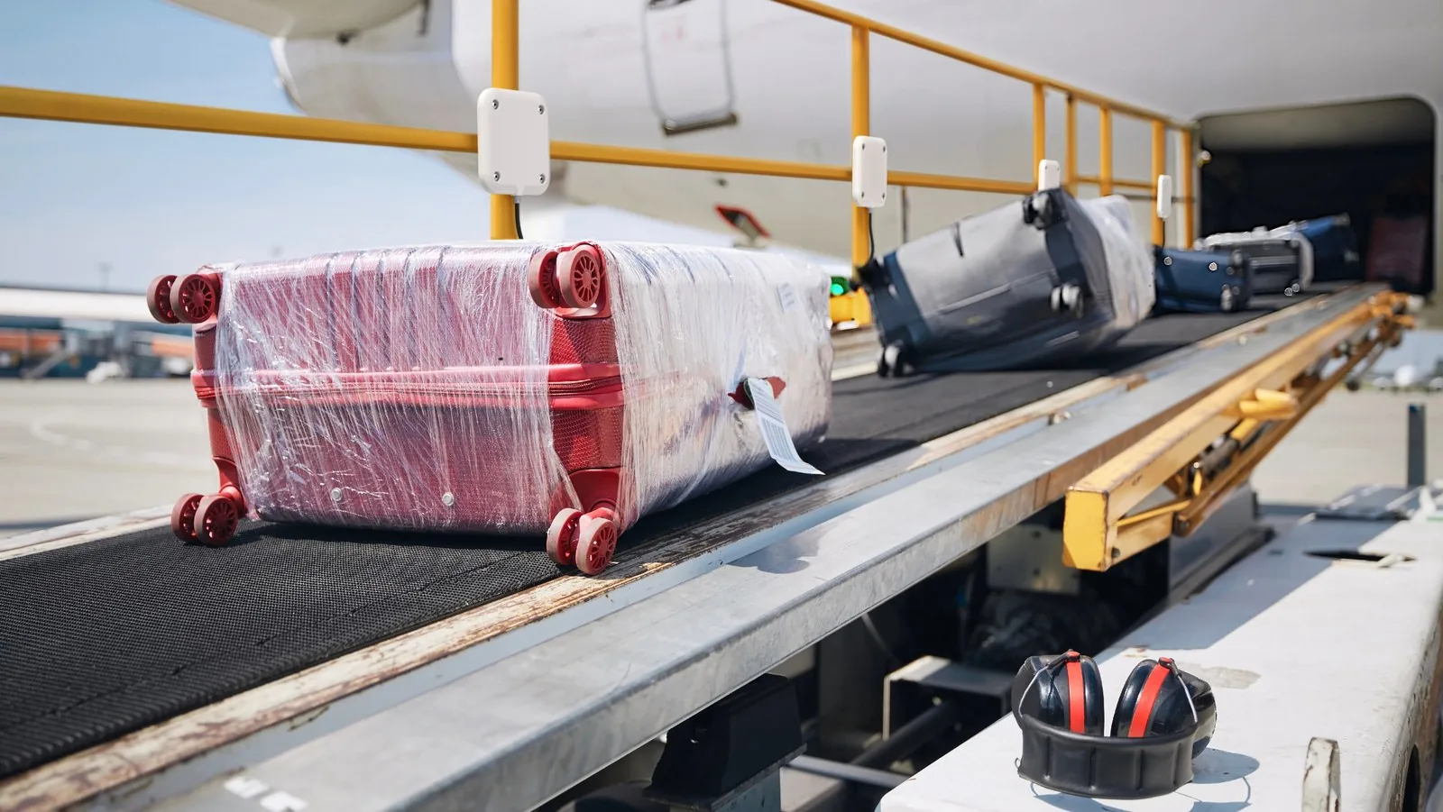 Zebra AN510 RFID antennas mounted on a yellow rail beside an airport baggage conveyor with wrapped suitcases