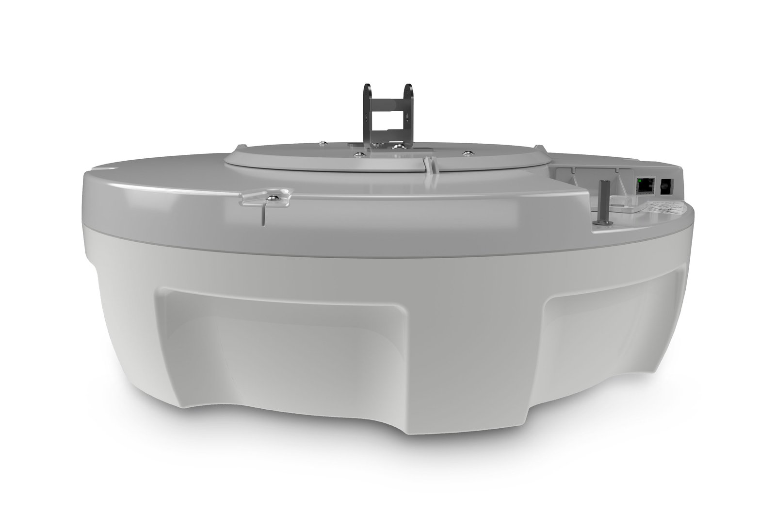 Zebra ATR7000 overhead RFID reader, side view of the disc housing and network port