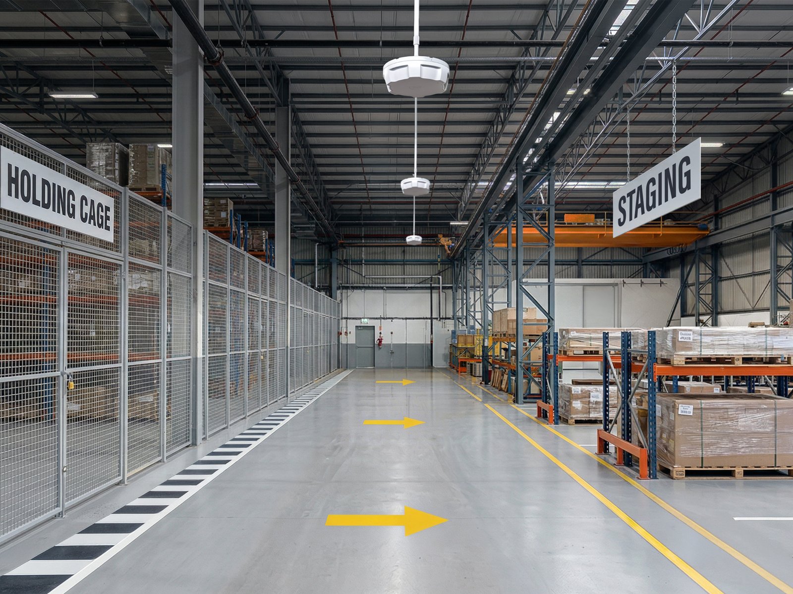 Zebra ATR7000 overhead reader at a warehouse checkpoint between the holding cage and staging