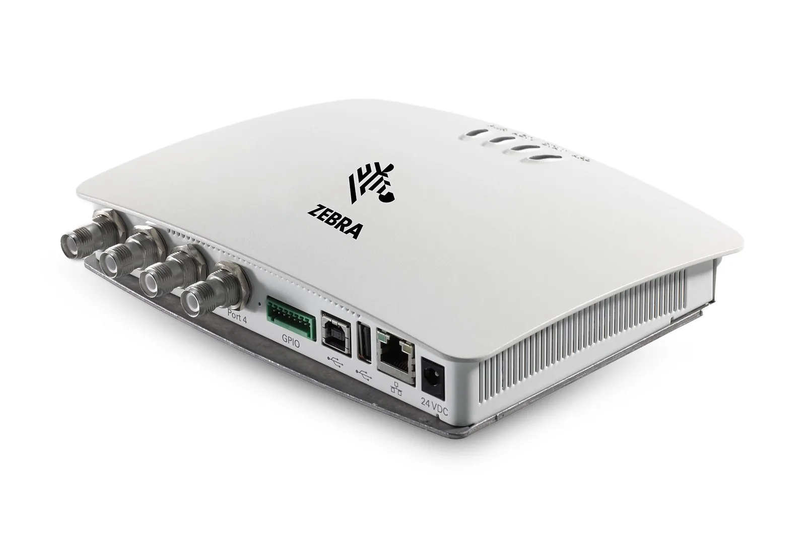 Zebra FX7500 connector side with four antenna ports, GPIO terminal, USB, Ethernet and 24 VDC power input