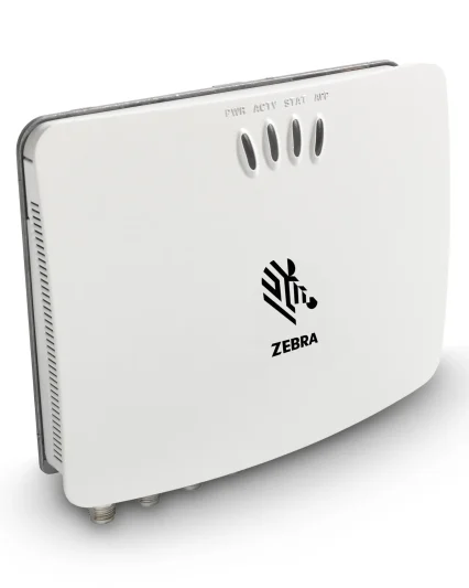 Zebra FX7500 fixed RFID reader, angled front view with Zebra logo and four status LEDs