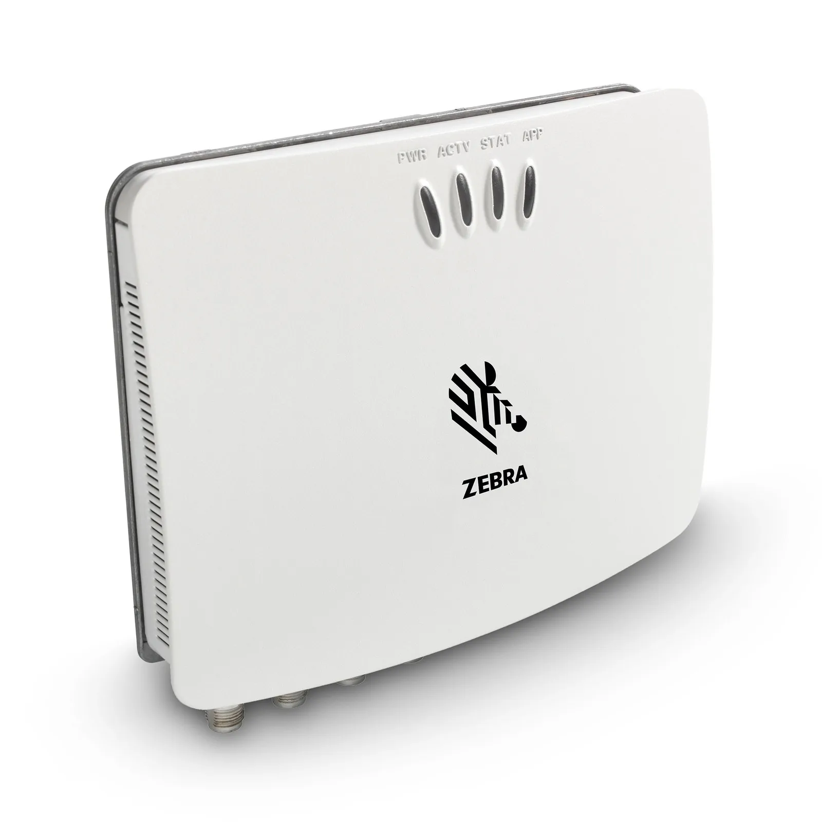 Zebra FX7500 fixed RFID reader, angled front view with Zebra logo and four status LEDs