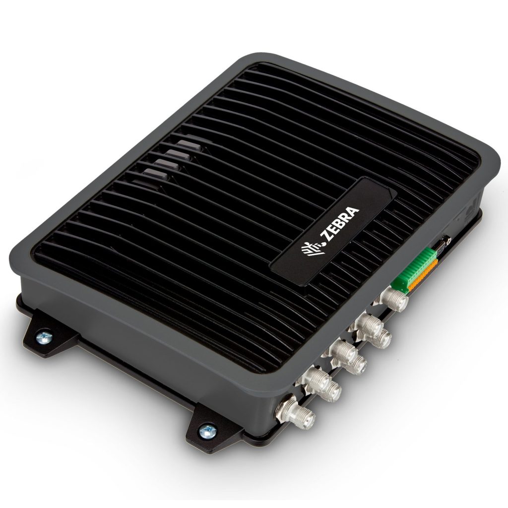 Zebra FX9600 fixed RFID reader, angled view of the black die-cast housing and antenna ports