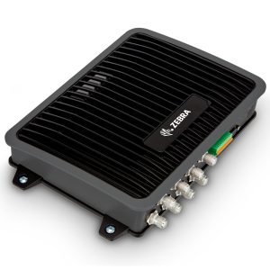 Zebra FX9600 fixed RFID reader, angled view of the black die-cast housing and antenna ports