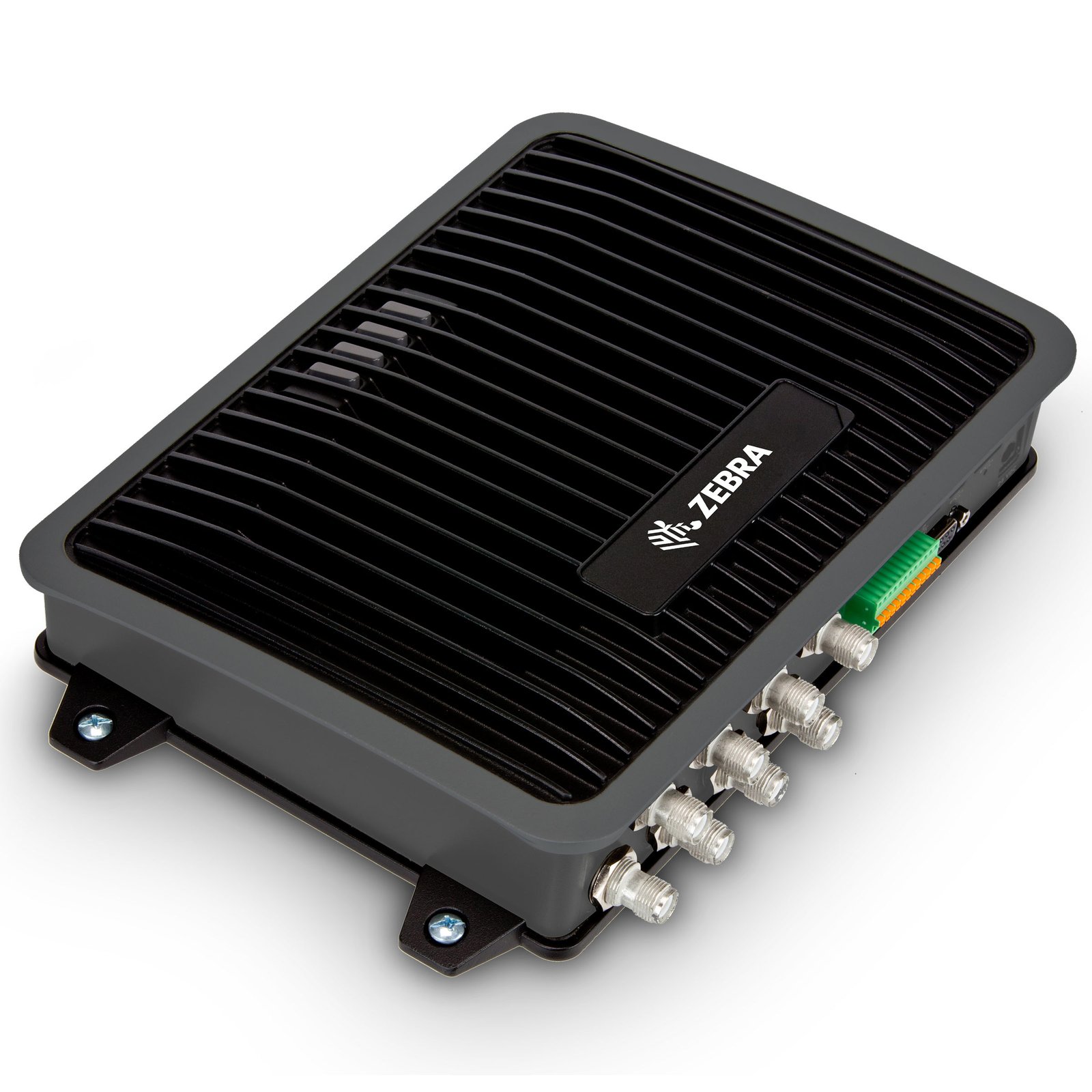 Zebra FX9600 fixed RFID reader, angled view of the black die-cast housing and antenna ports