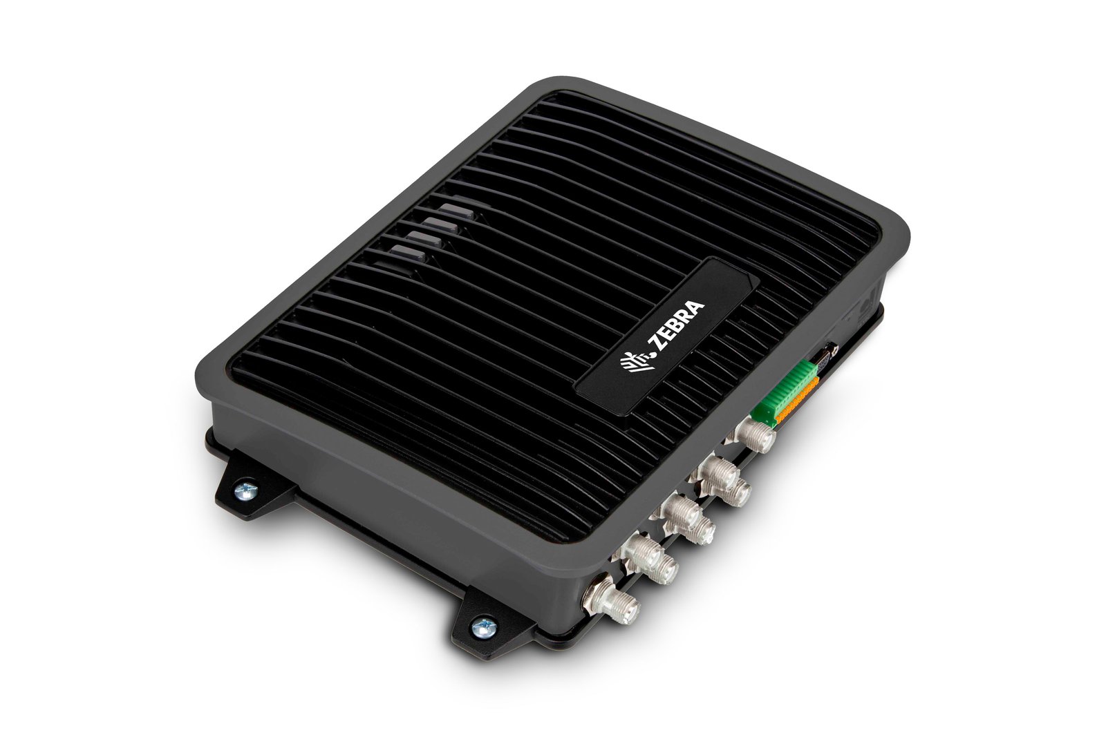 Zebra FX9600 fixed RFID reader, side angle showing the TNC antenna ports and I/O terminal block
