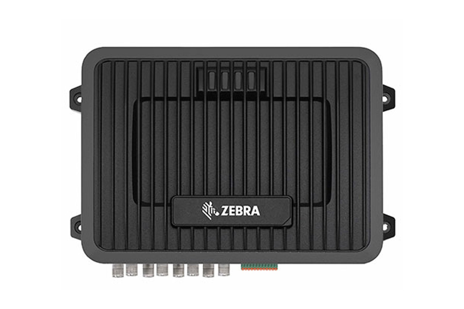 Zebra FX9600 fixed RFID reader, straight-on view of the finned housing and port row