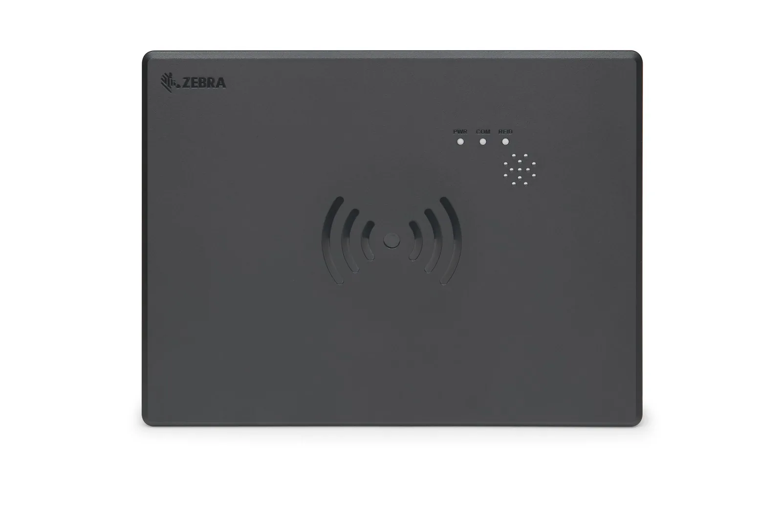 Zebra FXP20 RFID reader seen from above with Zebra logo and PWR, COM and RFID status LEDs
