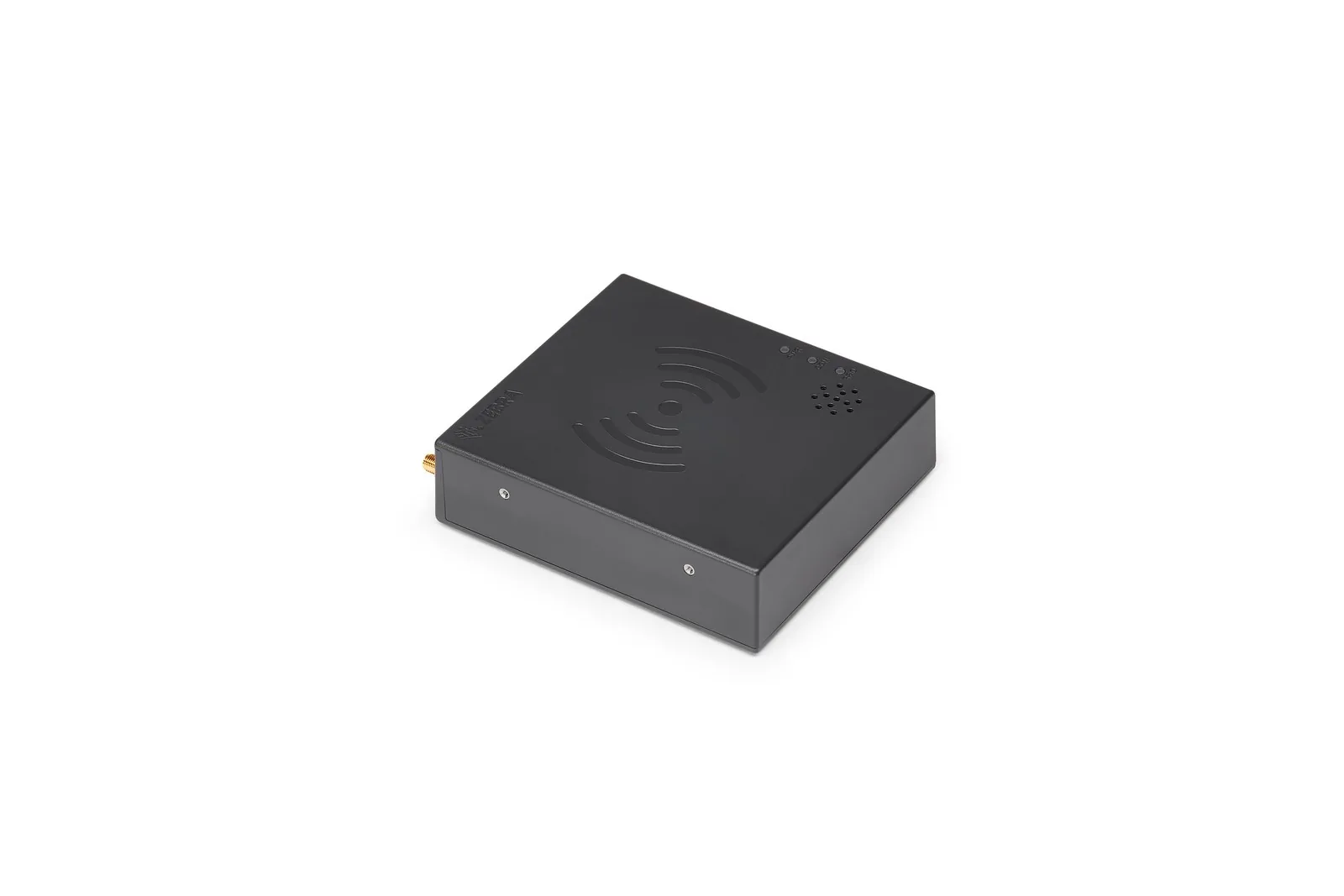 Zebra FXP20 RFID reader seen from the opposite side, with screw heads and one SMA connector