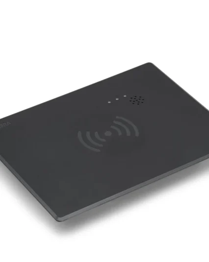 Zebra FXP20 RFID reader, flat black unit with Zebra logo, wave symbol and status LEDs, angled view