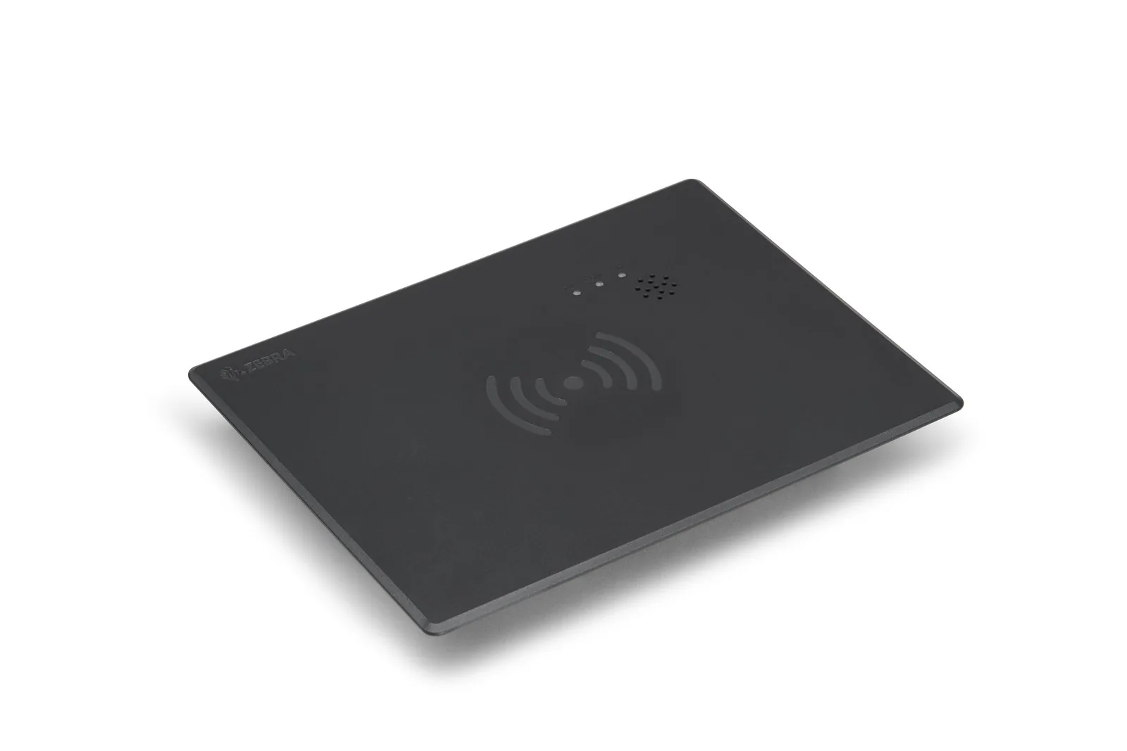 Zebra FXP20 RFID reader, flat black unit with Zebra logo, wave symbol and status LEDs, angled view