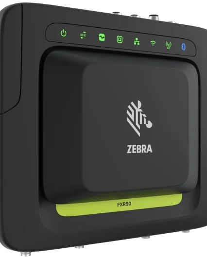 Zebra FXR90 fixed RFID reader, angled front view with status icon row and FXR90 label
