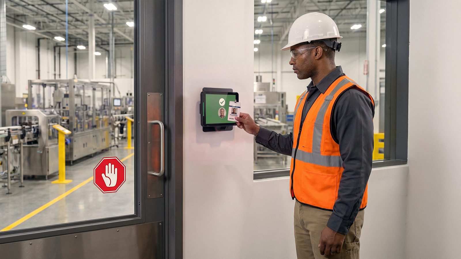 Factory worker scanning his badge at a wall-mounted Zebra KC401 to open the production area door