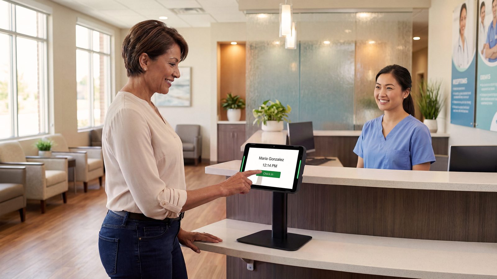 Patient checking in on a Zebra KC401 kiosk on a stand at a clinic reception desk
