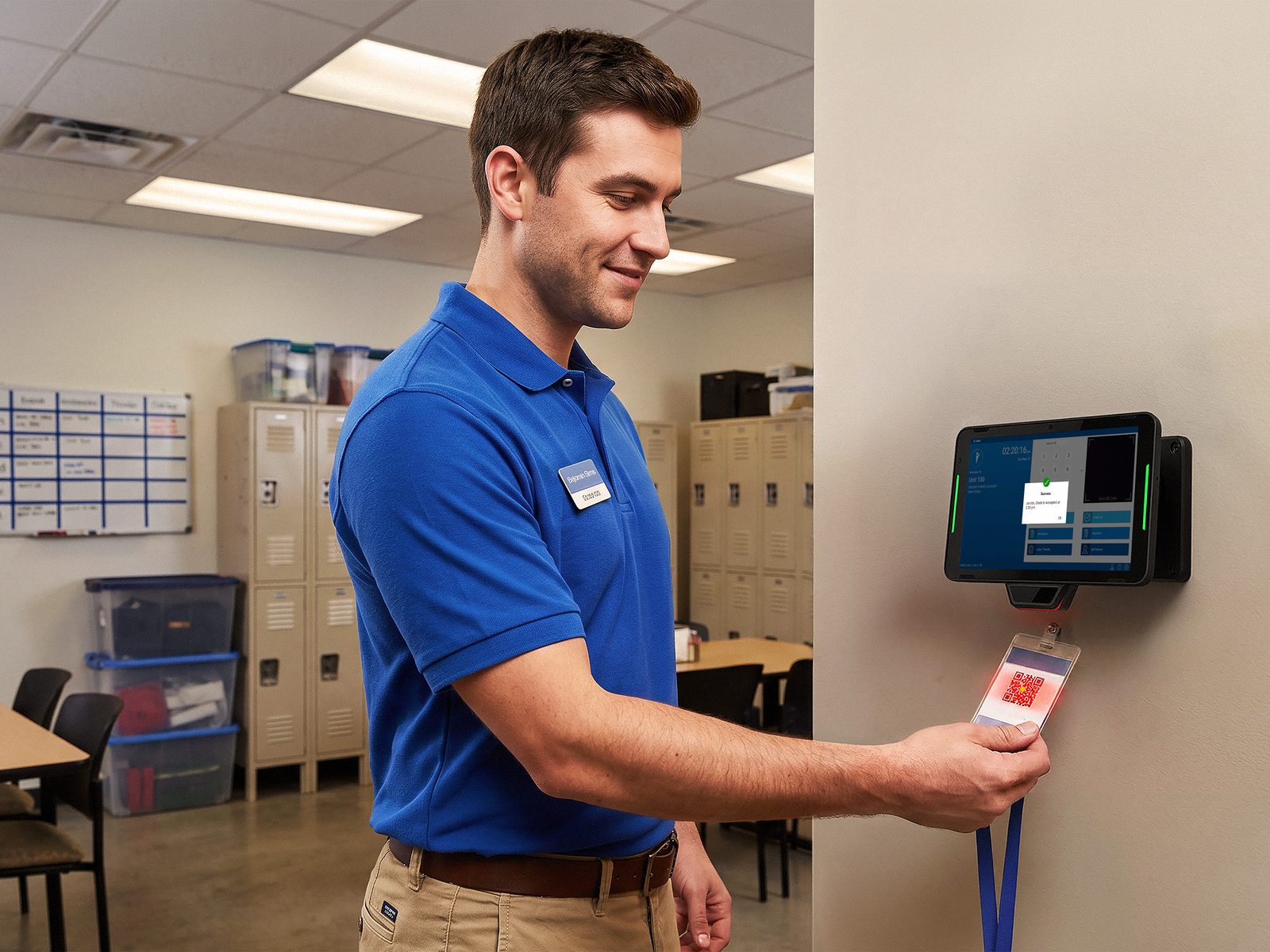 Store employee clocking in by scanning a badge QR code at a wall-mounted Zebra KC401