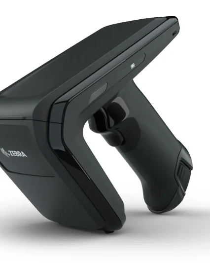 Zebra RFD40 UHF RFID sled, angled front view with pistol grip and trigger