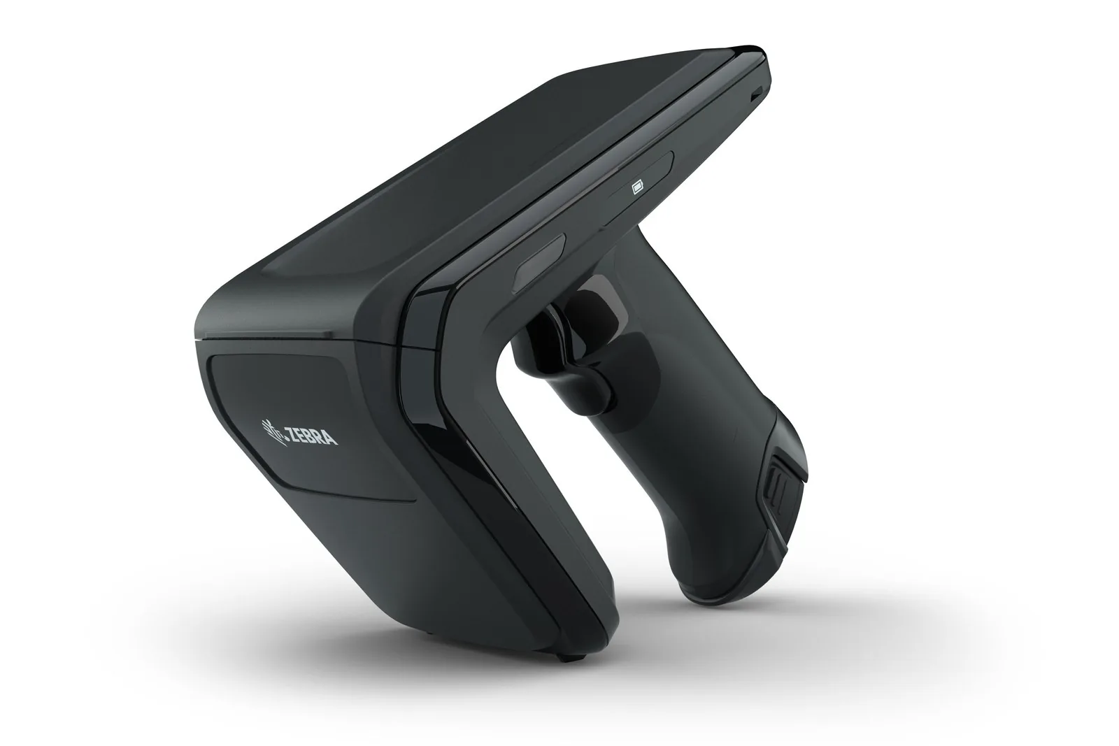 Zebra RFD40 UHF RFID sled, angled front view with pistol grip and trigger