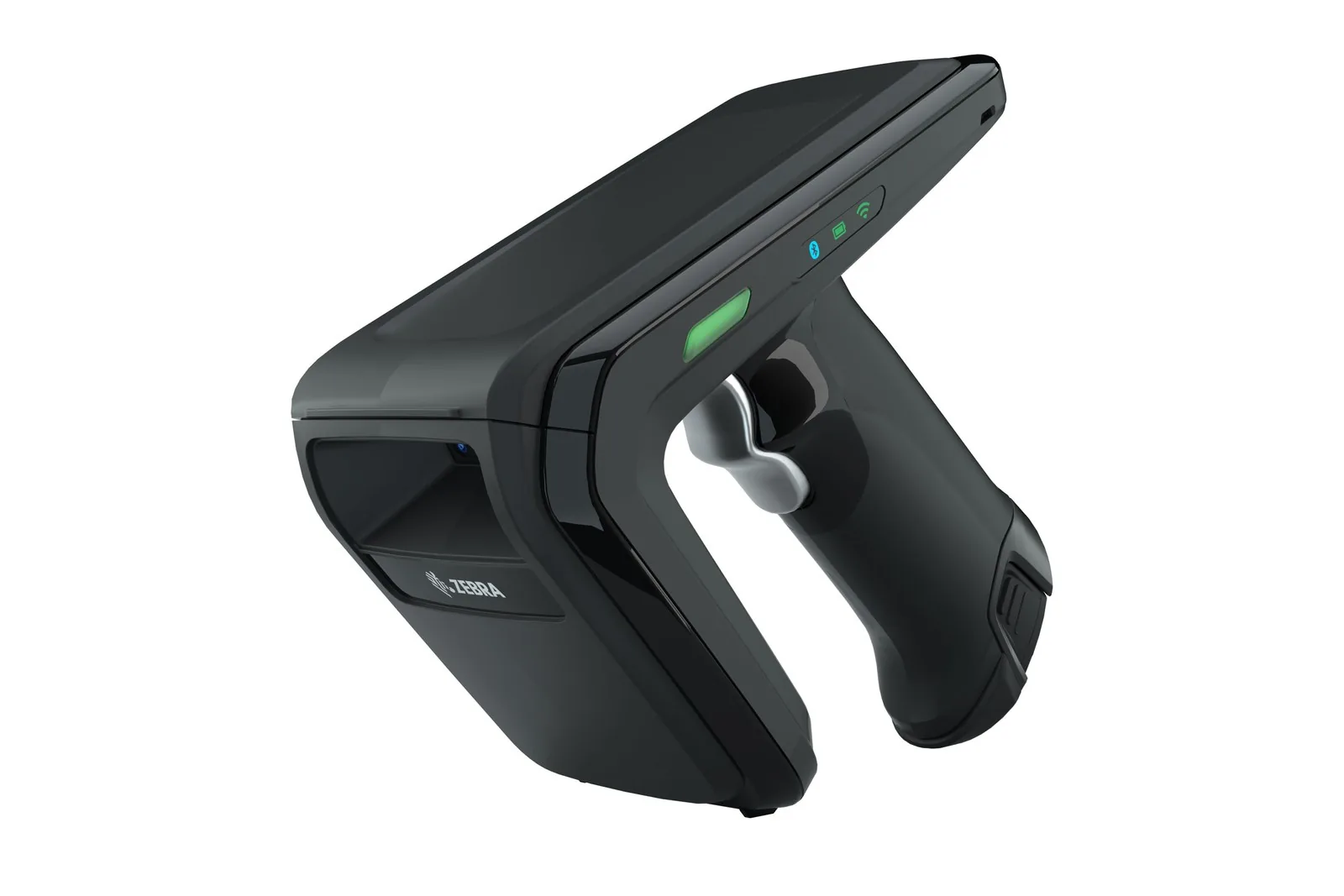 Zebra RFD40 Premium Plus sled, angled front view with barcode imager window and status icons