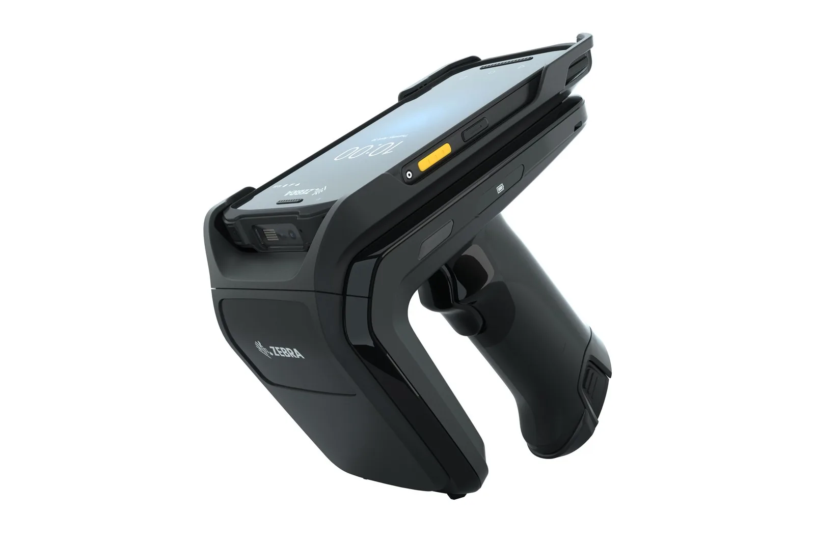 Zebra RFD40 sled with a Zebra TC2x handheld fitted, angled front view