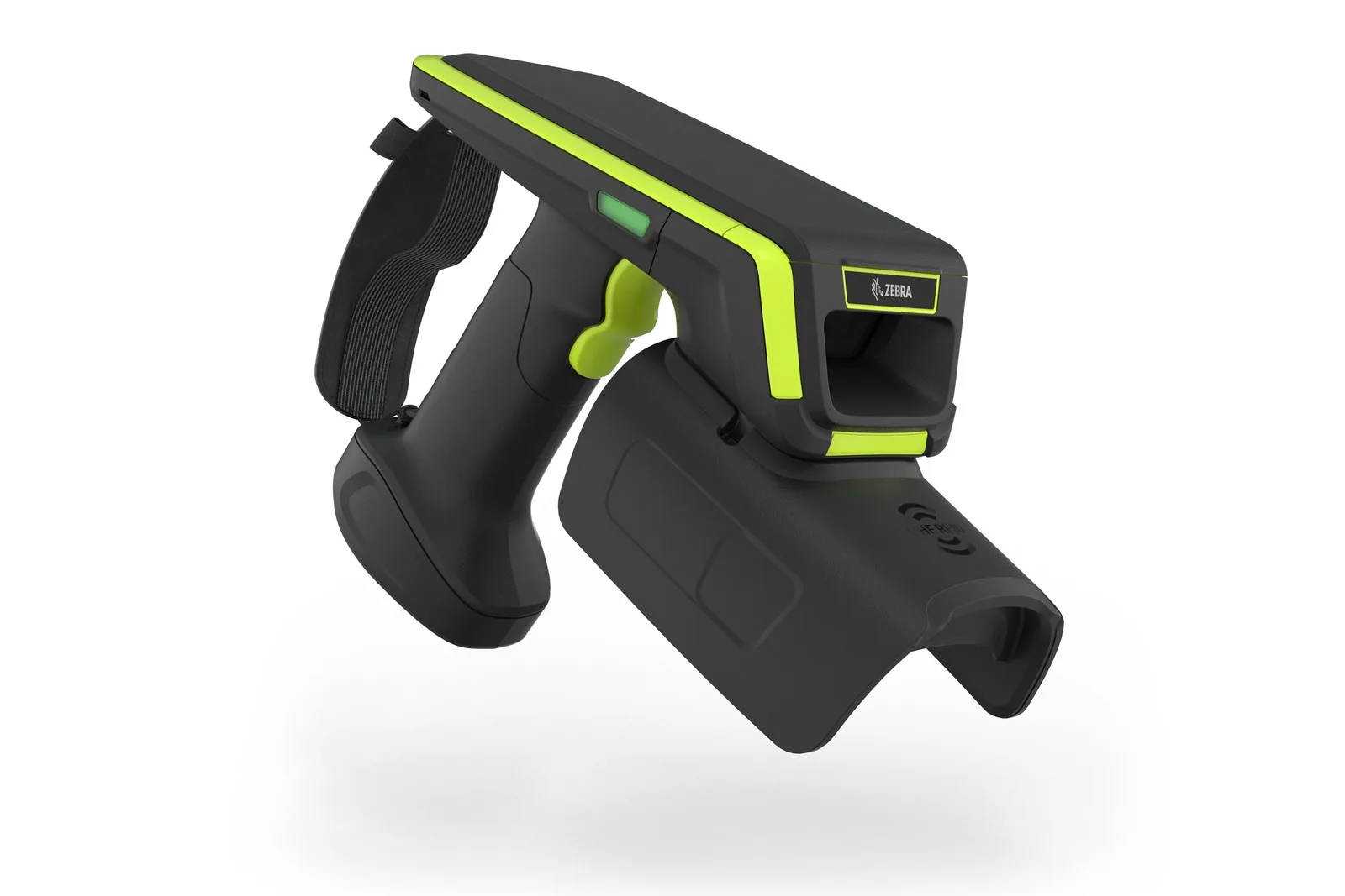 Zebra RFD9090 long-range RFID sled with wrist strap and a larger antenna housing, angled front view