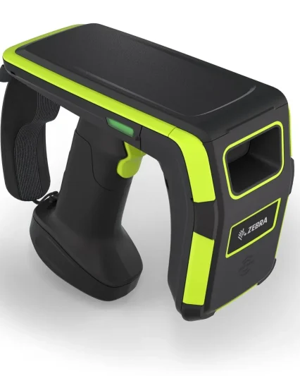 Zebra RFD9030 RFID sled with wrist strap, angled front view