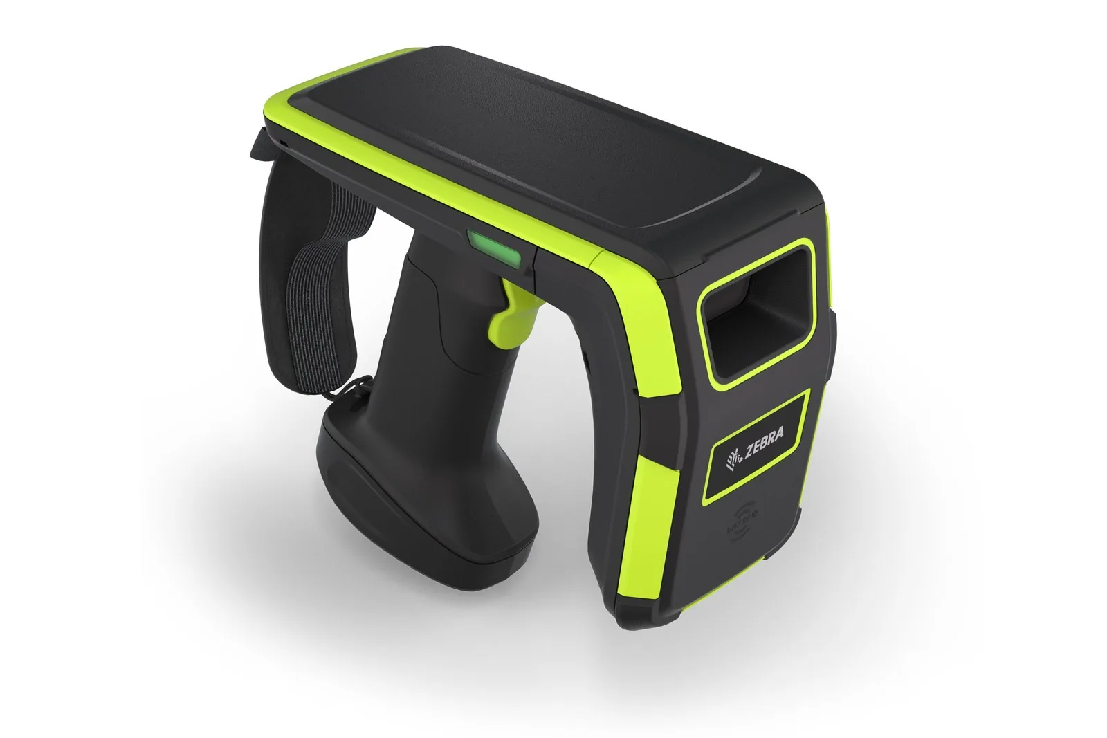 Zebra RFD9030 RFID sled with wrist strap, angled front view