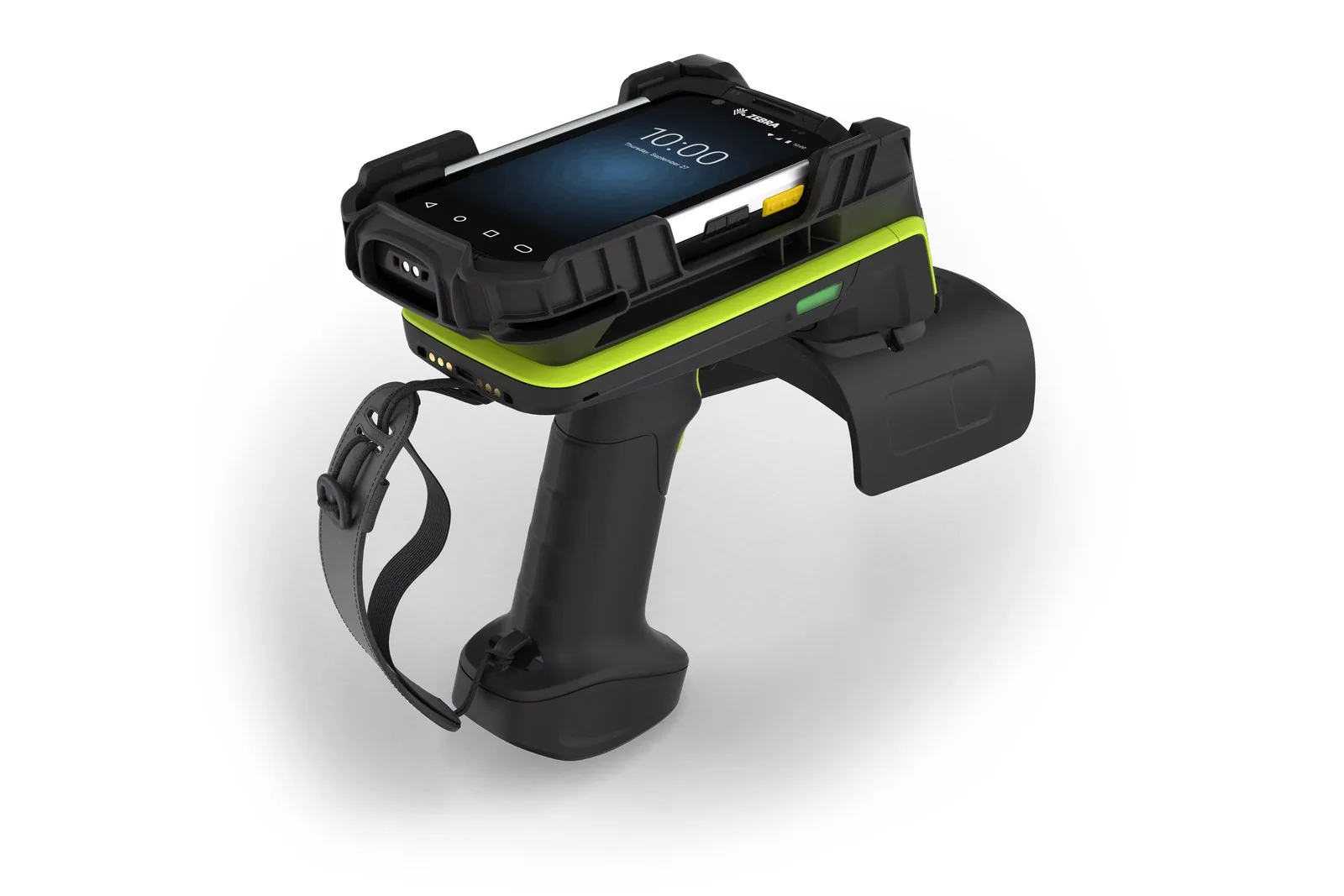 Zebra RFD9090 sled with a Zebra TC7x handheld fitted, angled view with wrist strap