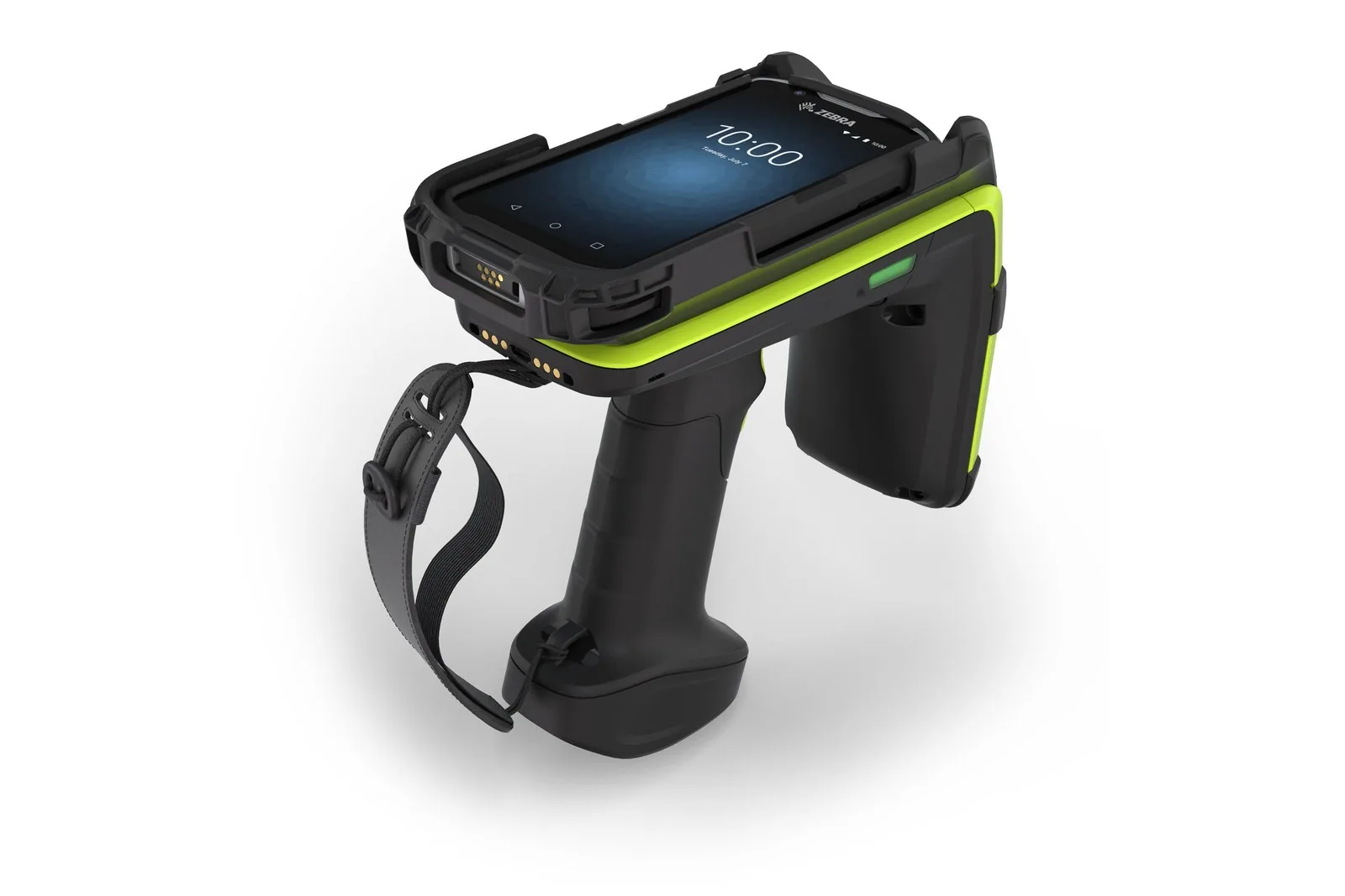 Zebra RFD9030 sled with a Zebra TC5x handheld fitted, angled view with wrist strap
