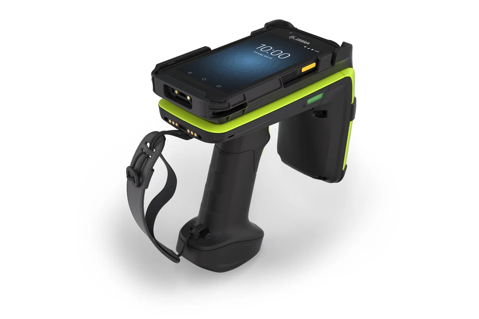 Zebra RFD9030 sled with a Zebra TC2x handheld fitted, angled view with wrist strap